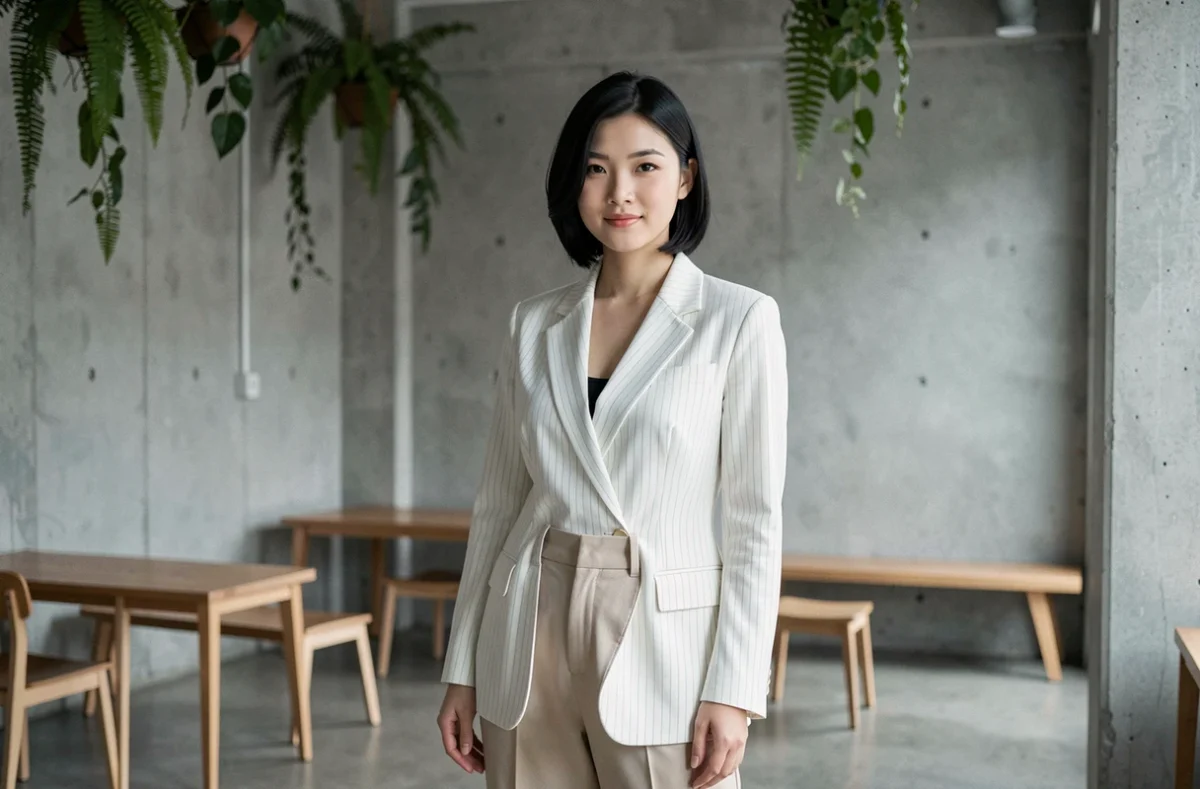 Femme asiatique avec carré court asymétrique noir en blazer blanc structuré dans un espace de coworking moderne et végétalisé