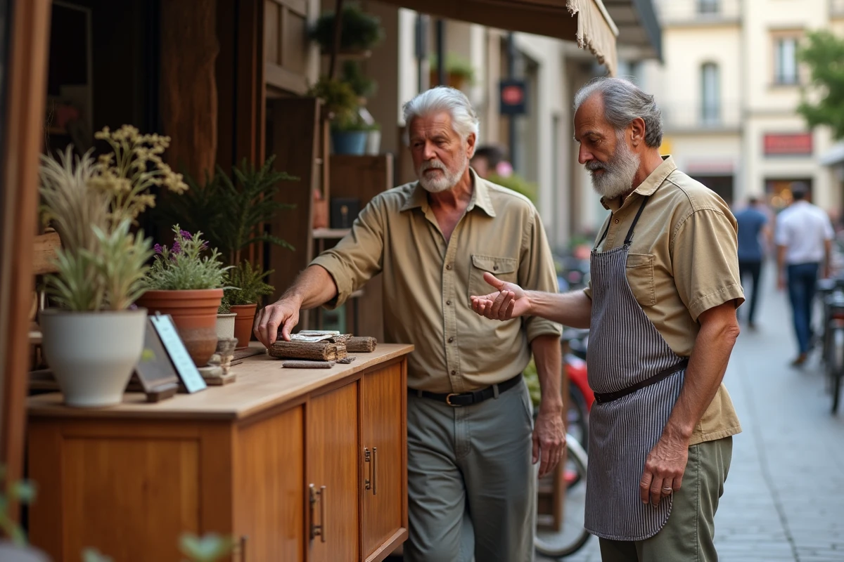 Couple examinant un buffet en bois vintage lors d'une brocante en plein air, vendeur barbu en tablier rayé expliquant les caractéristiques du meuble