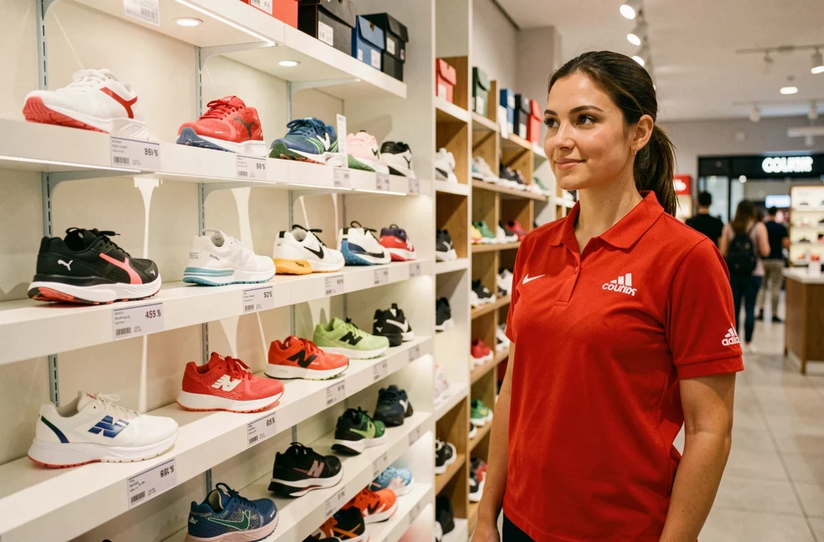 Intérieure du magasin Courir avec une vendeuse en uniforme rouge devant un mur de baskets
