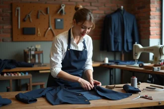 Couturière inspectant l'ourlet d'un blazer dans un atelier de retouches rapides avec outils de couture sur établi en bois