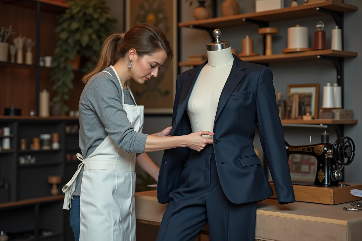 Couturière professionnelle qui épingle l'ourlet d'un pantalon en atelier de retouche