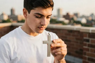 Jeune homme de 19 ans tenant un pendentif croix en acier inoxydable sur un rooftop urbain, style streetwear contemporain