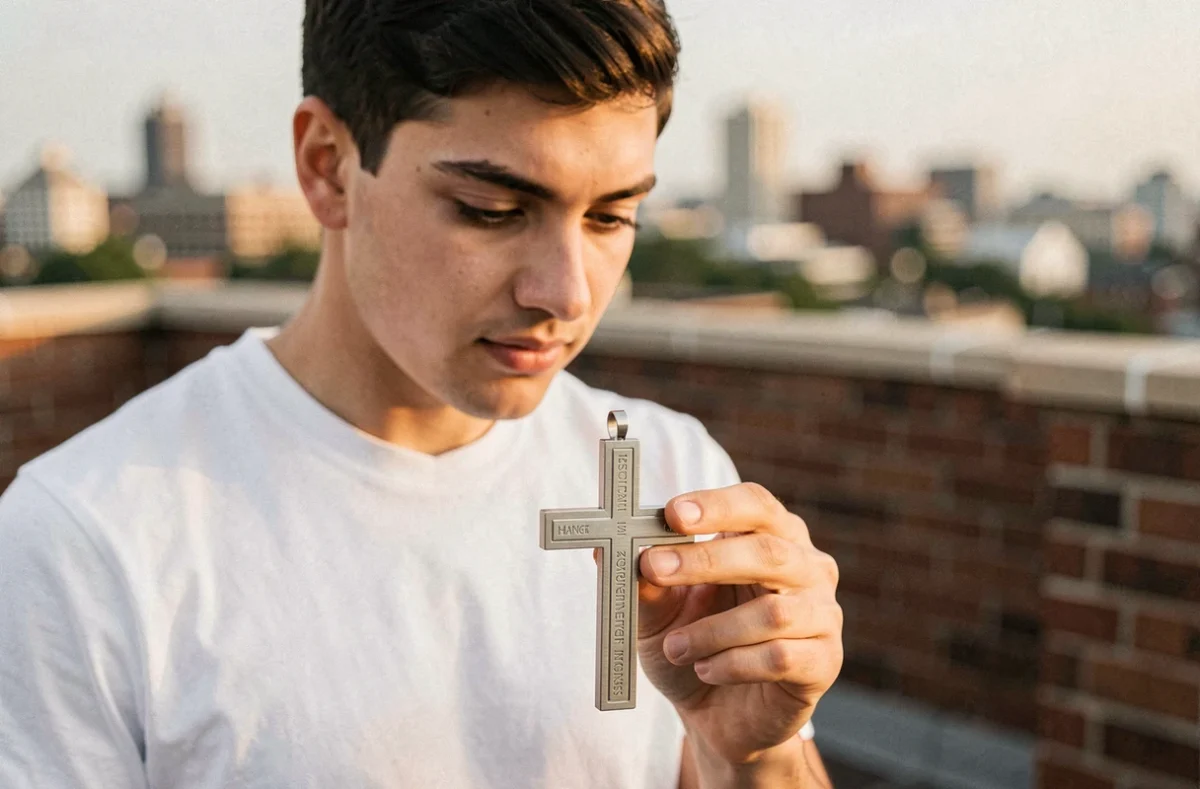 Jeune homme de 19 ans tenant un pendentif croix en acier inoxydable sur un rooftop urbain, style streetwear contemporain