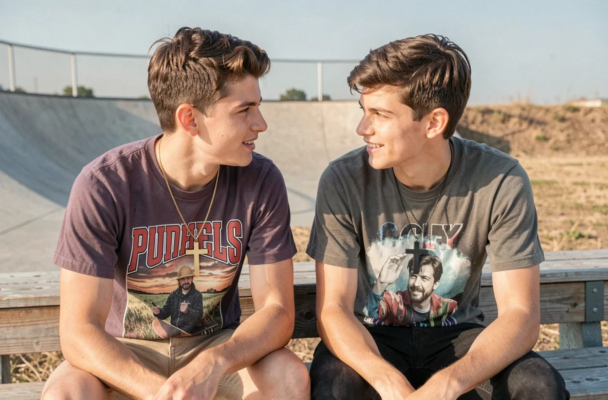 Deux jeunes adultes portant des croix bijoux différentes dans un skatepark, colliers homme or et acier oxydé