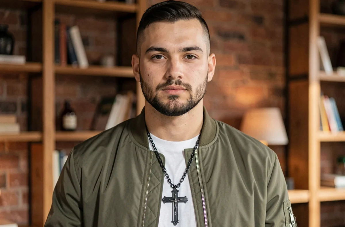 Jeune homme avec une croix gothique en acier noir sur collier épais, veste bomber olive, intérieur loft brique apparente