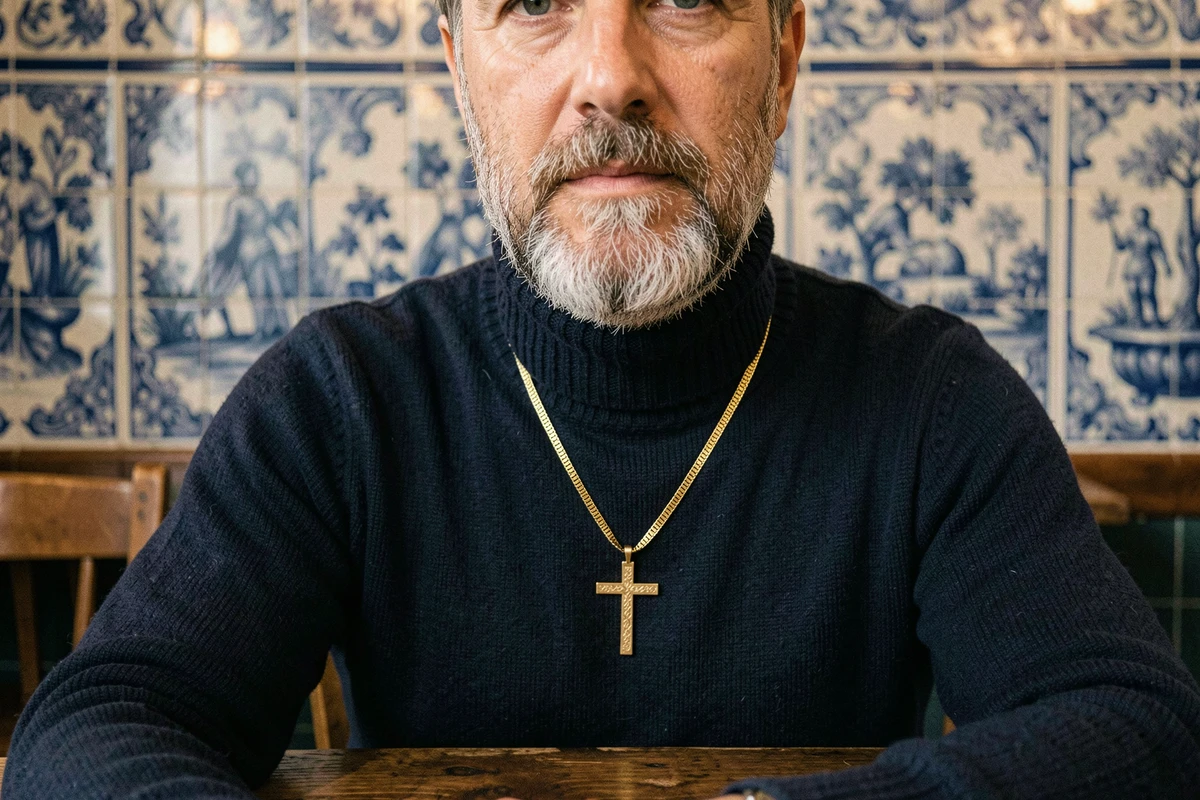 Homme mature avec croix en or vermeil sur chaîne Figaro portée avec col roulé, intérieur typique portugais avec azulejos