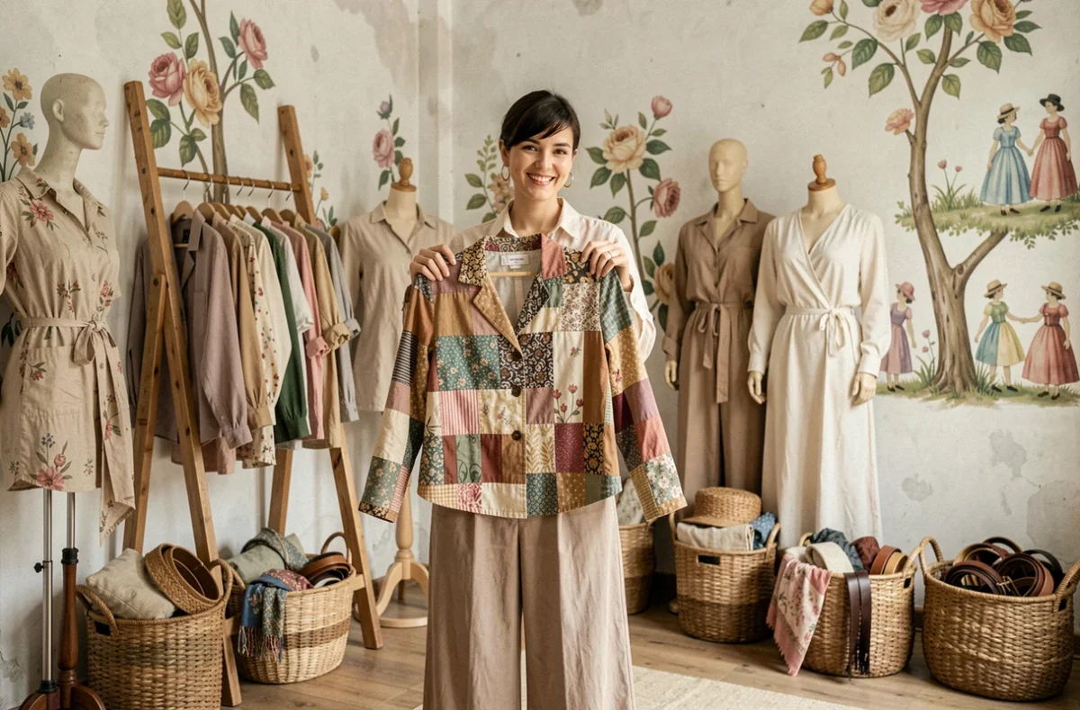 Intérieur créatif de Dealeuse de Chiffons avec des mannequins vintage, des murals peints et des vêtements artisanaux exposés