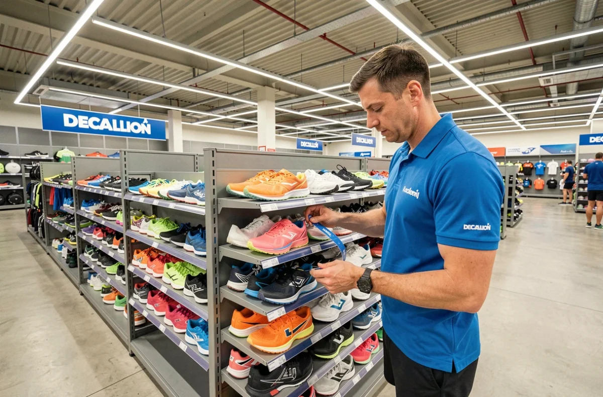 Rayon chaussures de sport du Decathlon d'Écully près de Lyon avec un employé rangeant des baskets de running