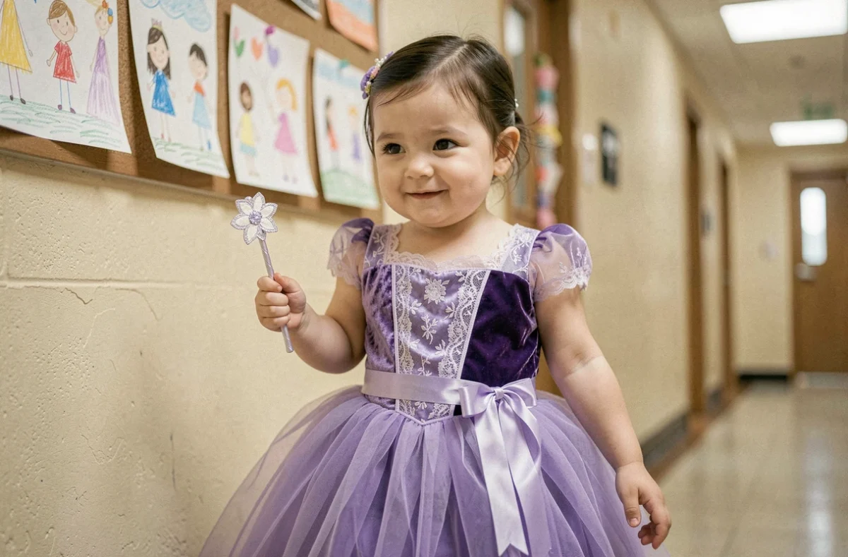 Fillette déguisée en princesse violette avec baguette magique dans un couloir d'école maternelle