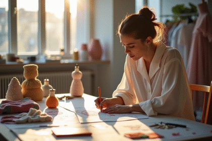 Créatrice de mode travaillant dans un studio lumineux en train de dessiner