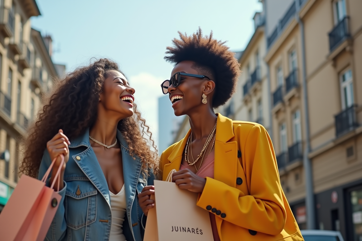 Deux influenceurs riant en filmant en ville avec sacs luxe
