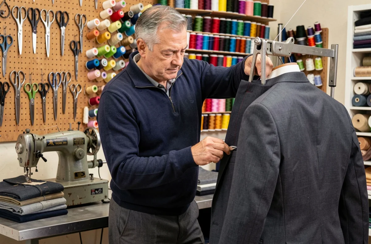 Spécialiste des retouches Dr Tailleur à Nantes travaillant avec précision sur la couture d'une veste de costume formelle