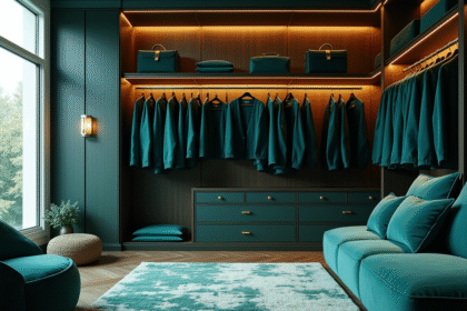 Un dressing élégant avec vêtements et accessoires de luxe en bleu et vert