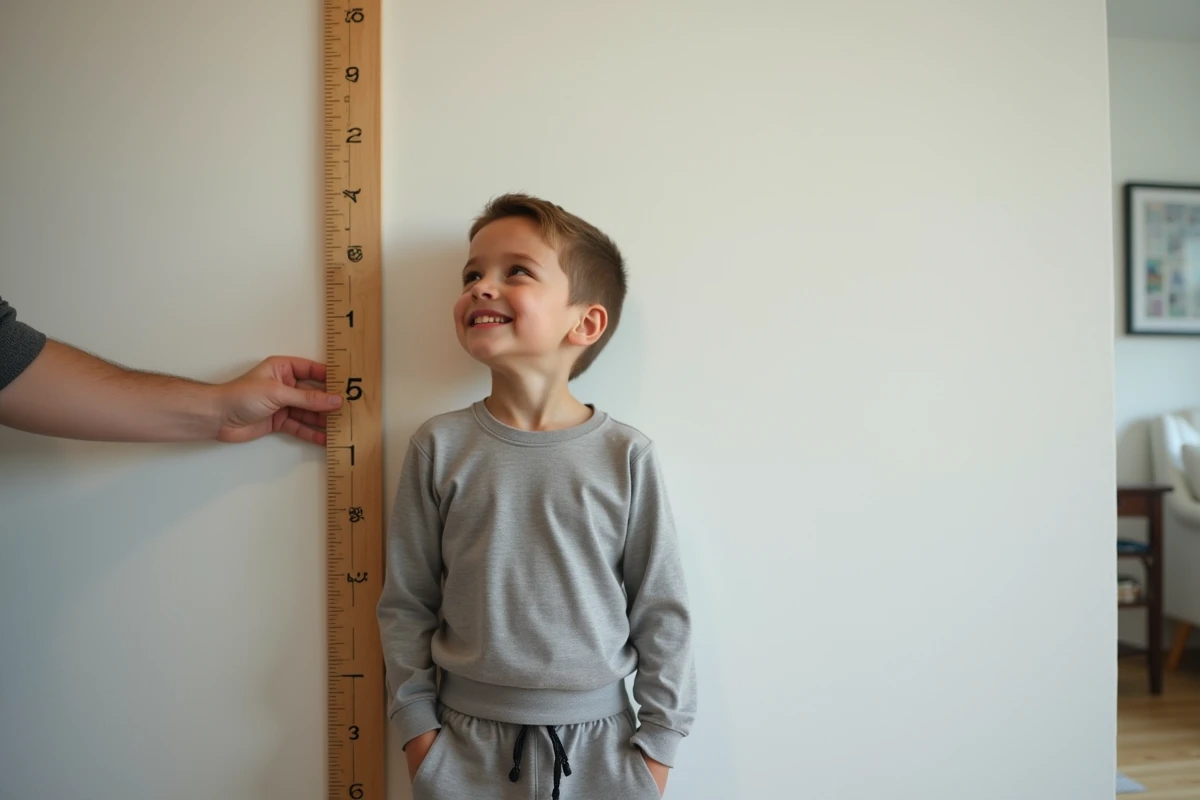 Enfant de 5-6 ans mesuré contre un tableau de taille mural à la maison, illustrant la taille 116 correspondant à l'entrée en CP