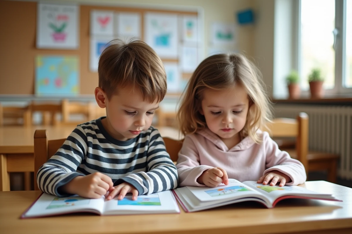 Deux enfants de maternelle en taille 116 assis dans une salle de classe française, découvrant leurs premiers livres d'école