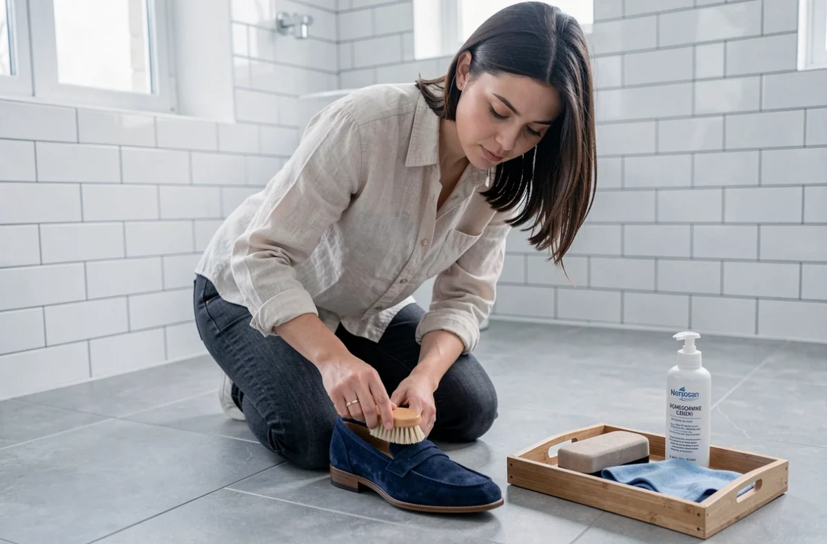 Jeune femme entretenant une chaussure en daim bleu marine à la maison avec brosse et produits adaptés sur carrelage gris
