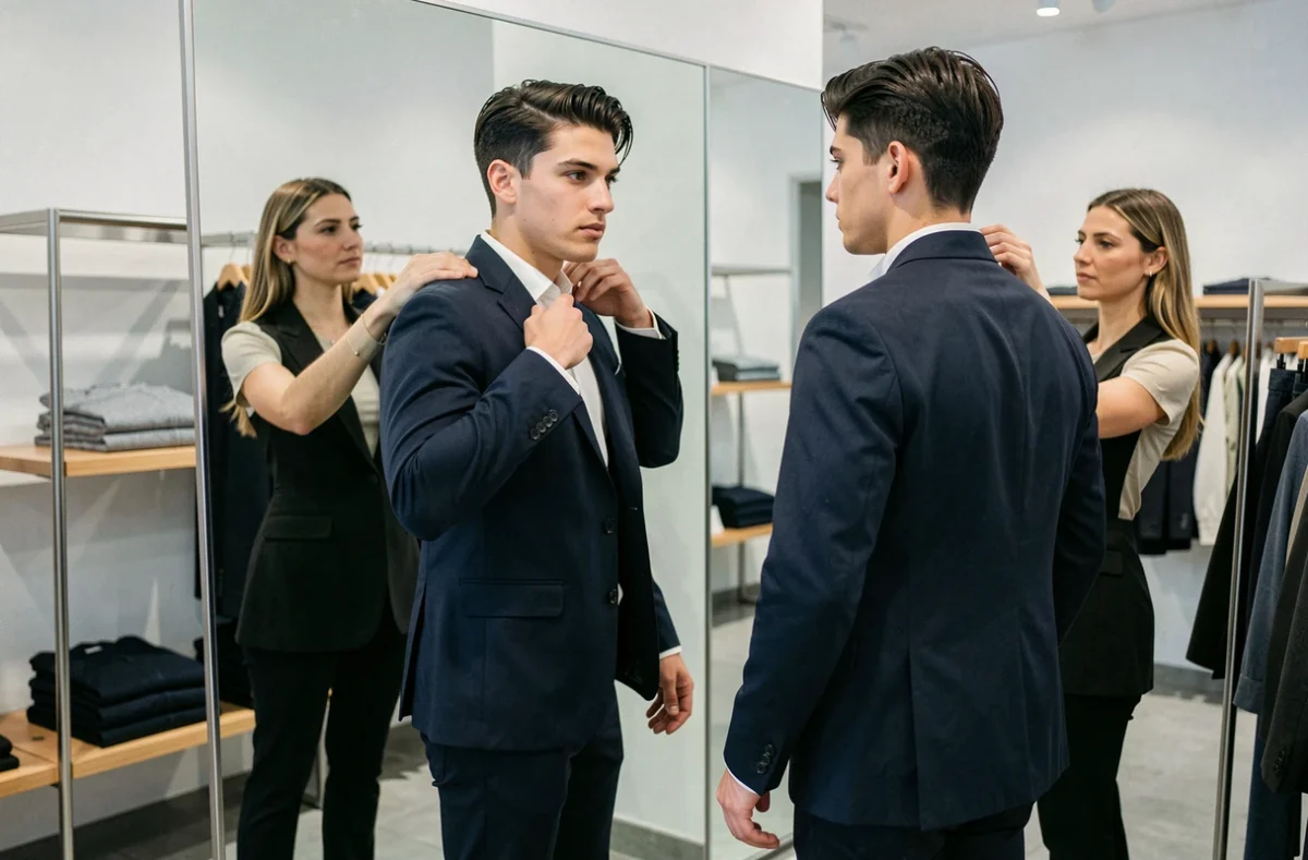 Jeune homme essayant une veste dans un magasin de vêtements moderne à Marseille, avec reflet dans le miroir et vendeuse en arrière-plan