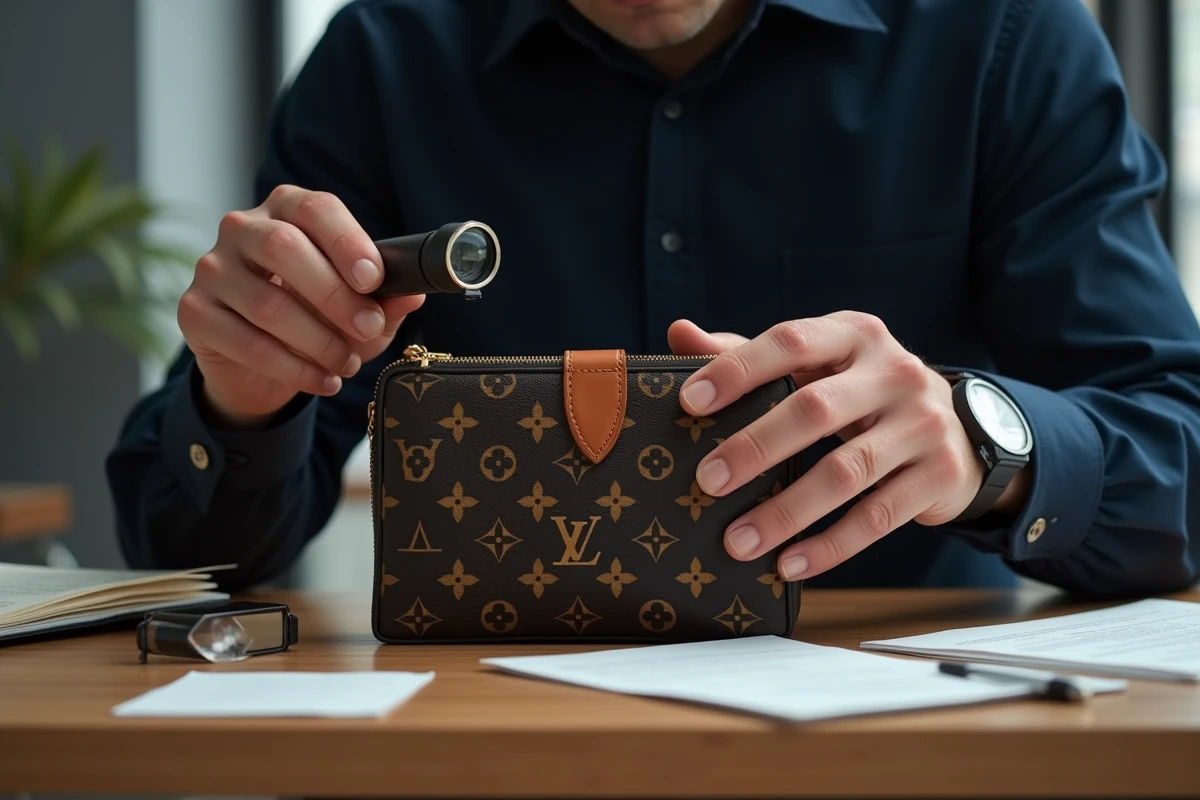 Expert en authentification examinant un sac Louis Vuitton avec une loupe pour vérifier la présence d'une contrefaçon grâce aux numéros de série et tampons intérieurs