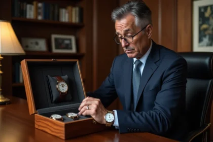 Homme d'âge moyen examine des montres de luxe dans son bureau