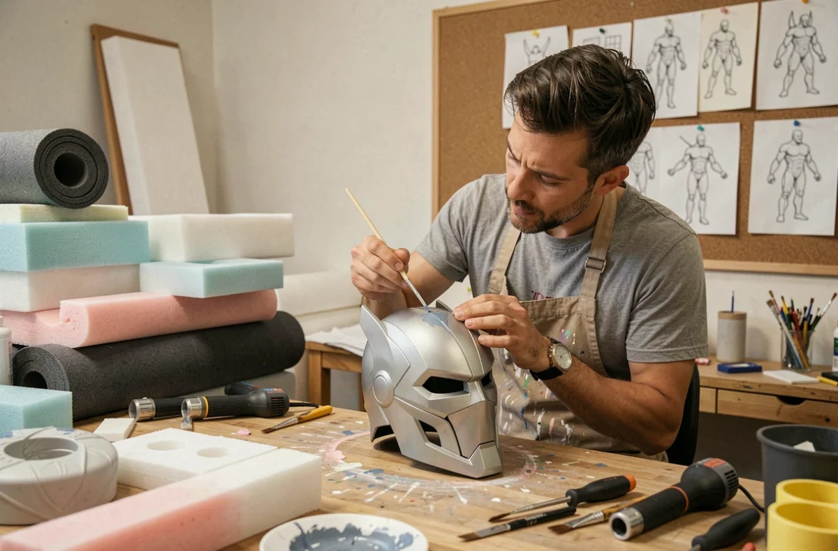 Artiste cosplay peignant un casque de super-héros dans son atelier créatif entouré de matériaux de fabrication de costumes