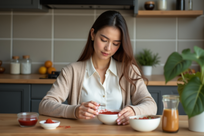 Jeune femme mélange huiles naturelles dans la cuisine