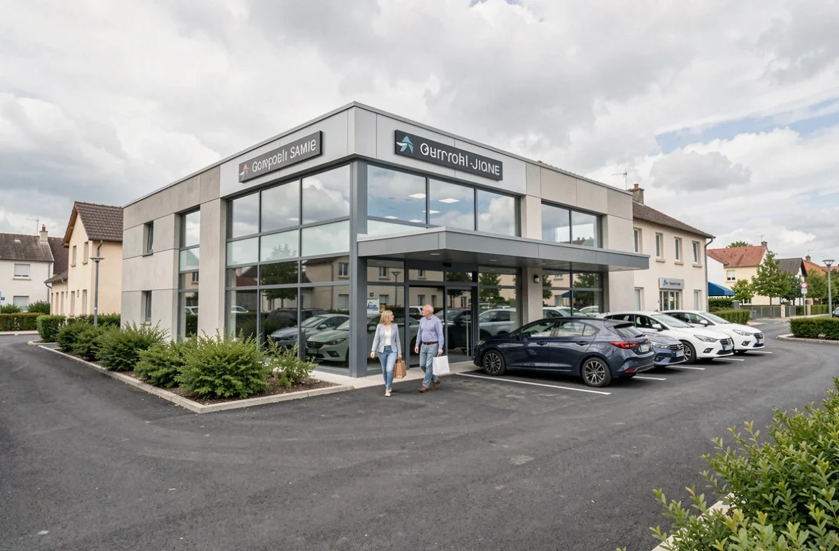 Façade extérieure d'un centre automobile et concession à Givors avec des clients se dirigeant vers l'entrée