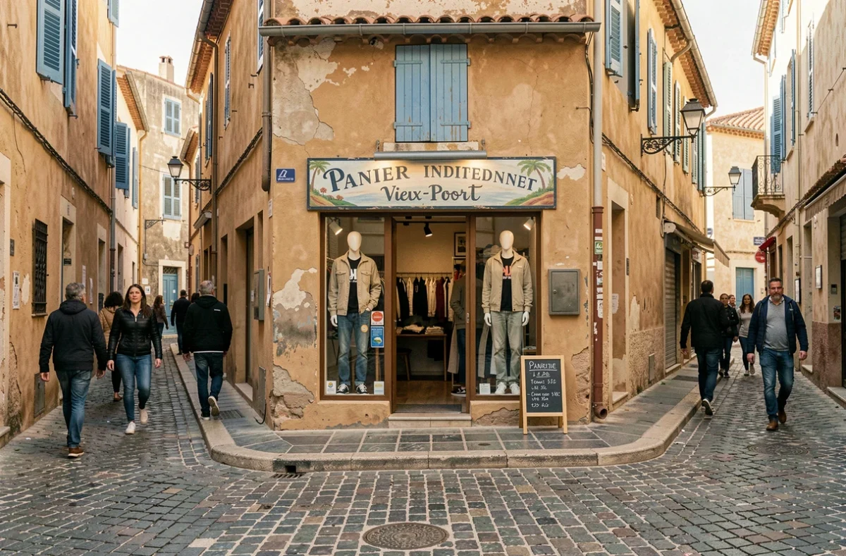 Façade d'une boutique de vêtements indépendante dans le quartier du Panier à Marseille, avec mannequins en vitrine et architecture provençale typique