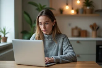 Femme consultant des avis clients sur un site de mode en ligne depuis son appartement, illustrant la recherche d'informations avant achat sur Thehalara