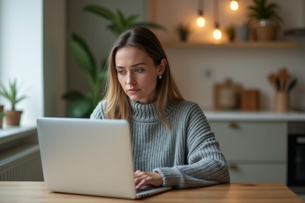 Femme consultant des avis clients sur un site de mode en ligne depuis son appartement, illustrant la recherche d'informations avant achat sur Thehalara
