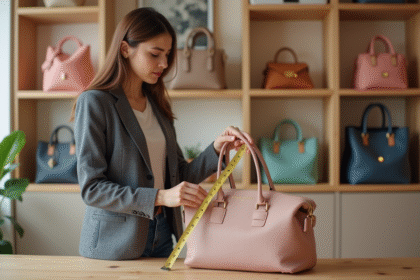 Jeune femme examinant un sac à main dans une boutique