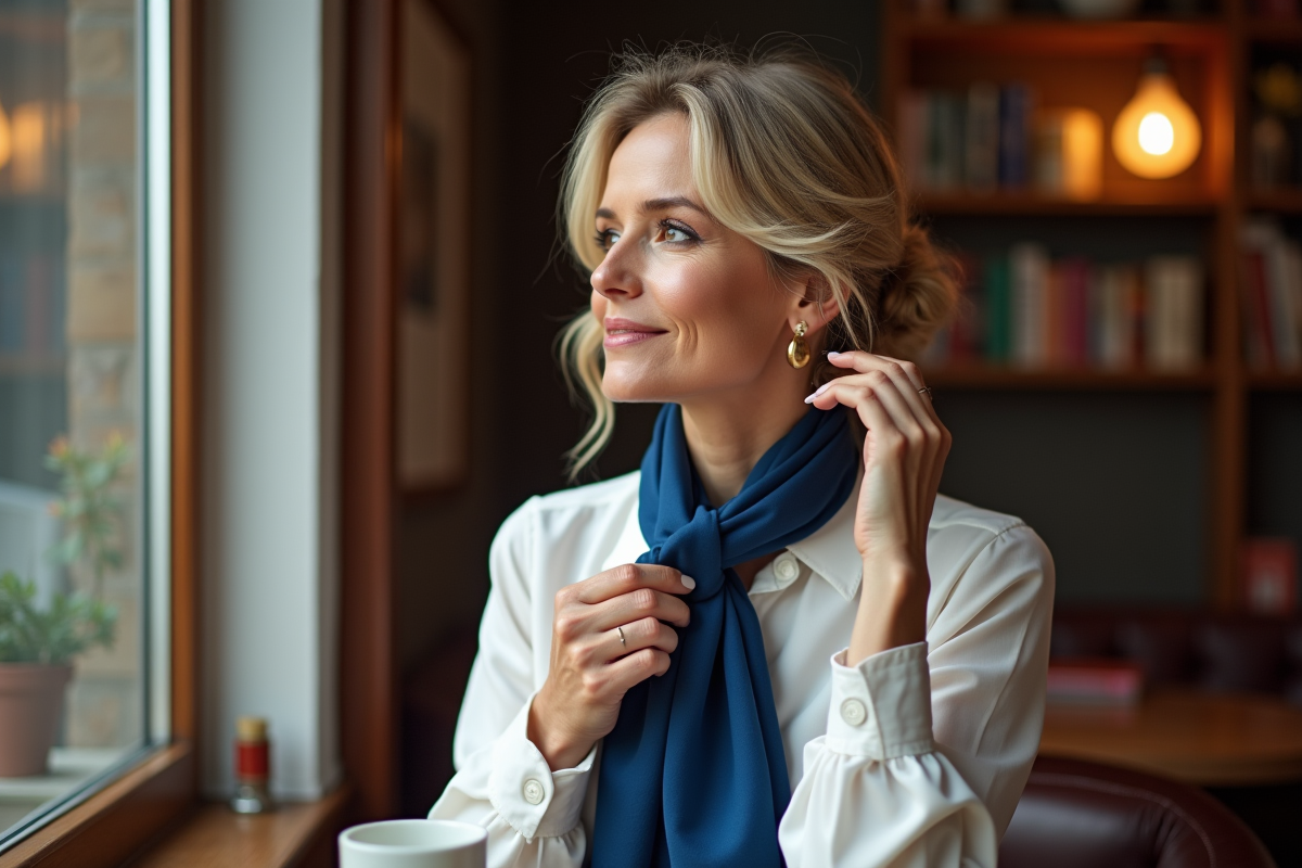 Femme blonde au café nouant un foulard bleu en intérieur