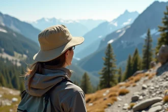 Femme portant un bob kaki sur un sentier de montagne avec vue panoramique sur une vallée alpine