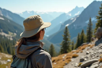 Femme portant un bob kaki sur un sentier de montagne avec vue panoramique sur une vallée alpine