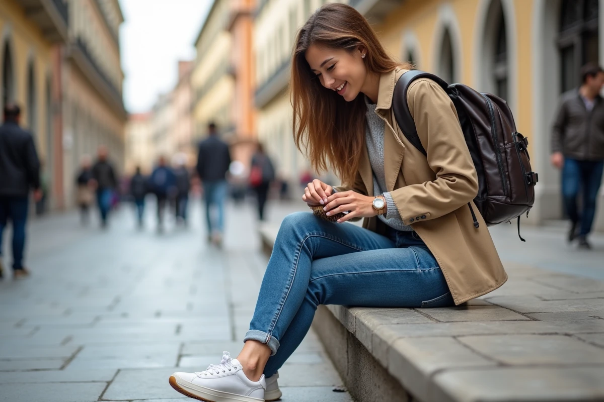 Jeune femme en tenue décontractée nettoie ses sneakers en ville