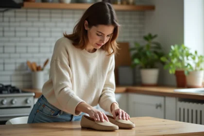 Femme nettoyant des chaussures en suede beige sur une table
