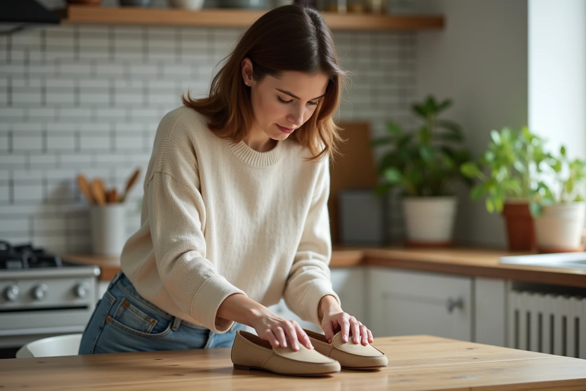Femme nettoyant des chaussures en suede beige sur une table