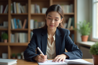 Femme concentrée à son bureau avec notes manuscrites