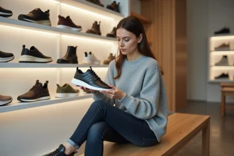 Femme examinant une chaussure haut de gamme dans une boutique de chaussures minimaliste, comparant confort et prix