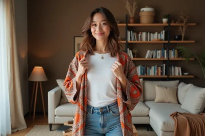 Femme élégante portant une robe courte sur un fond cosy