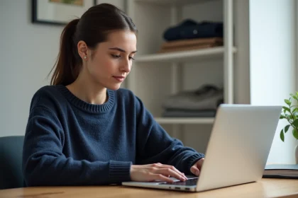 Femme consultant son espace habillement en ligne sur un ordinateur portable pour vérifier ses droits et son budget vêtements