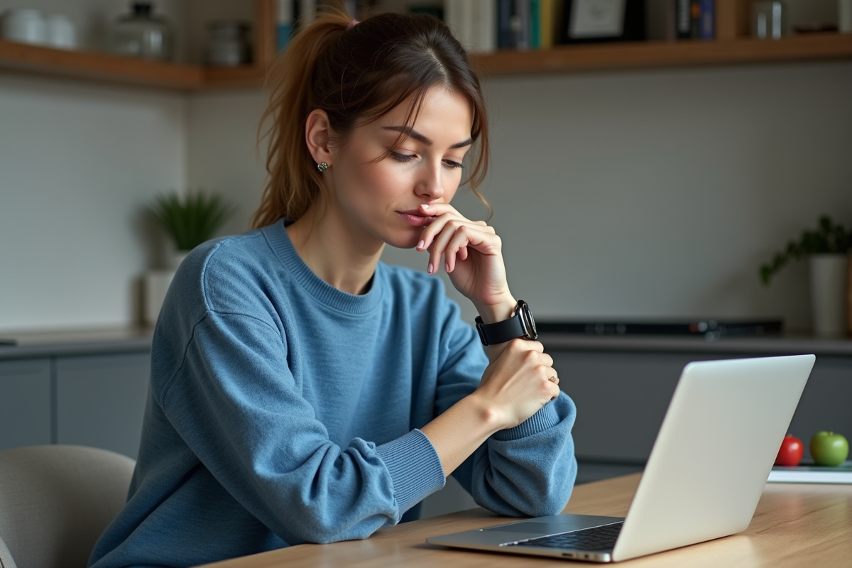 Femme en cuisine regardant sa montre avec un ordinateur