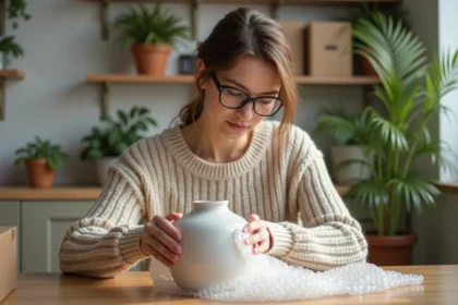 Femme emballant un vase en céramique avec du papier bulle