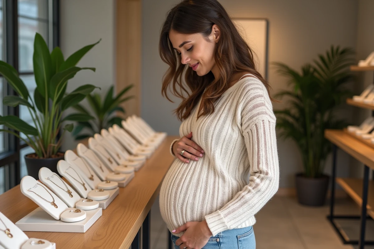 Jeune femme enceinte choisissant un collier bola en boutique
