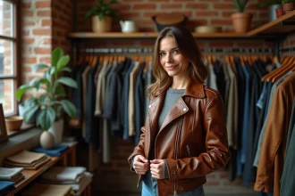 Femme essayant une veste en cuir vintage marron dans une boutique de vêtements d'occasion, évaluant la coupe et la taille aux épaules