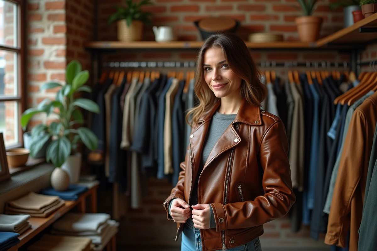 Femme essayant une veste en cuir vintage marron dans une boutique de vêtements d'occasion, évaluant la coupe et la taille aux épaules