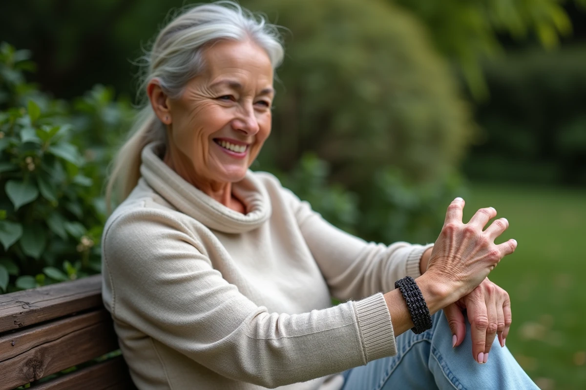 Femme regardant un bracelet paracord dans un jardin