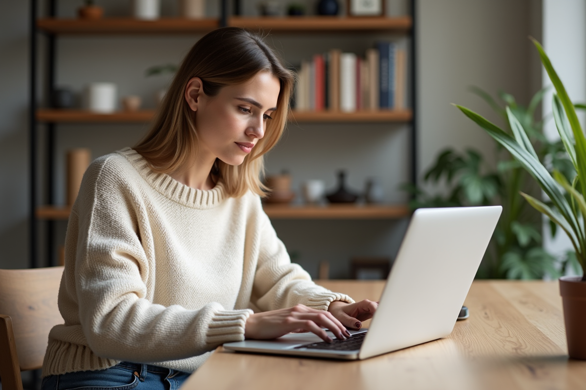 Femme assise à la maison utilisant son ordinateur portable