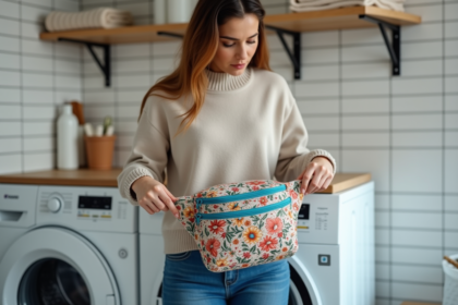 Jeune femme plaçant un sac de taille dans la machine à laver