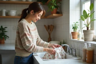 Jeune femme lavant une blouse florale dans un lavabo vintage