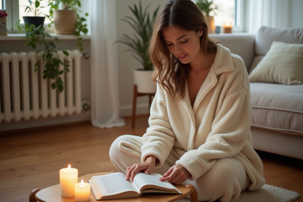 Femme en pyjama crème arrangeant des livres dans un intérieur chaleureux